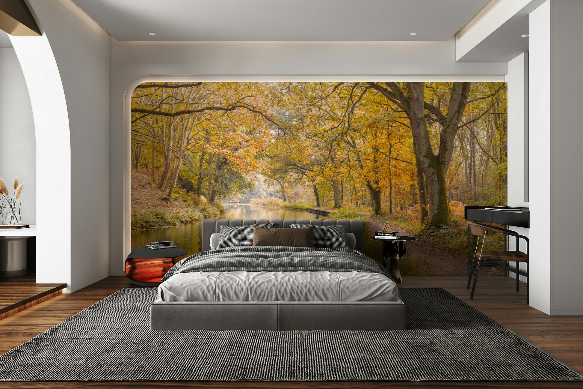 The image shows a calm canal flowing through a forest.

