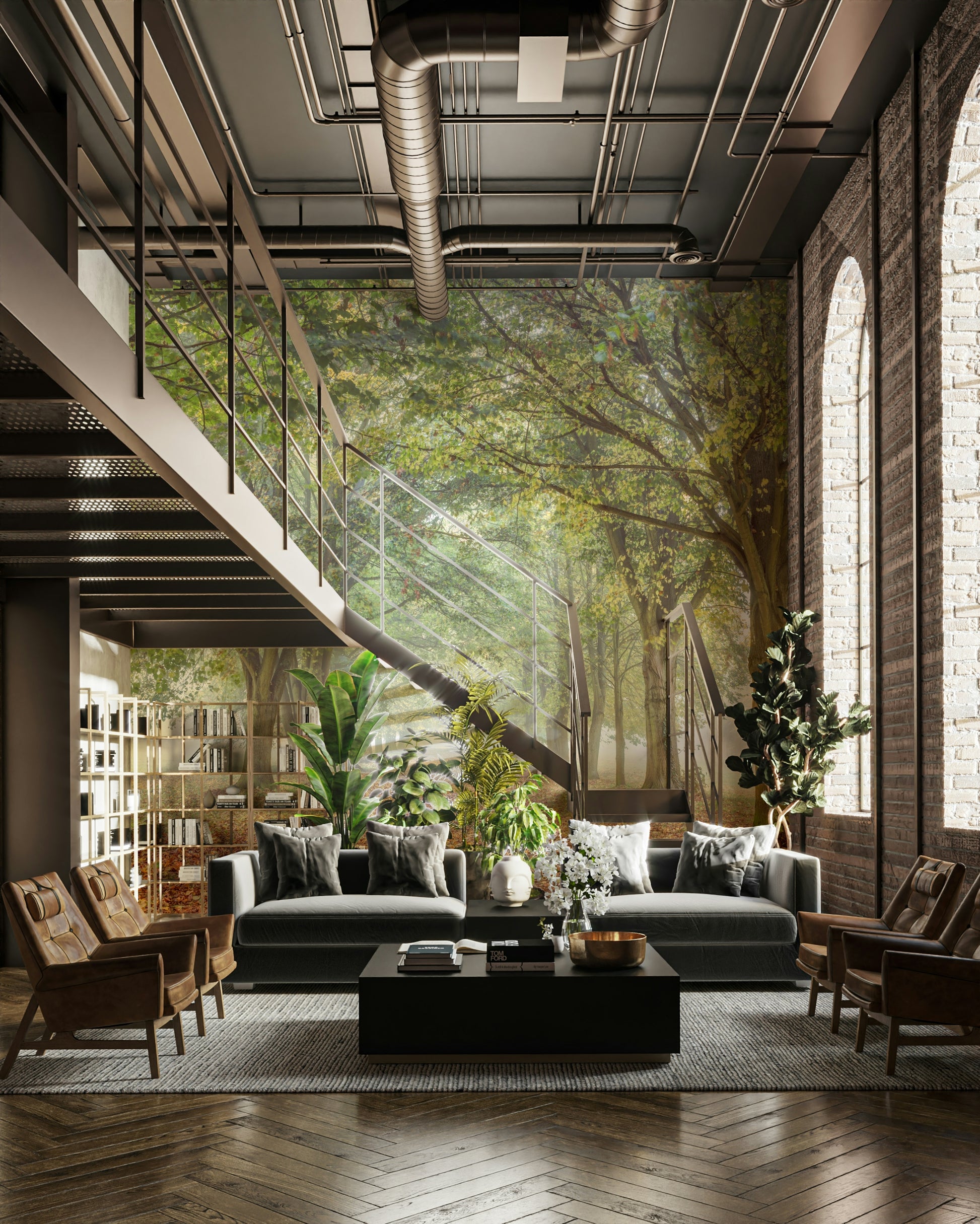 The mural is installed in a calm living room behind a simple, light-colored sofa.

