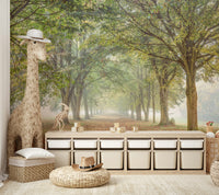 The image shows a full wall with a misty, hazy forest view.

