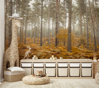 The mural is installed in a calm living room behind a simple, light-colored sofa.

