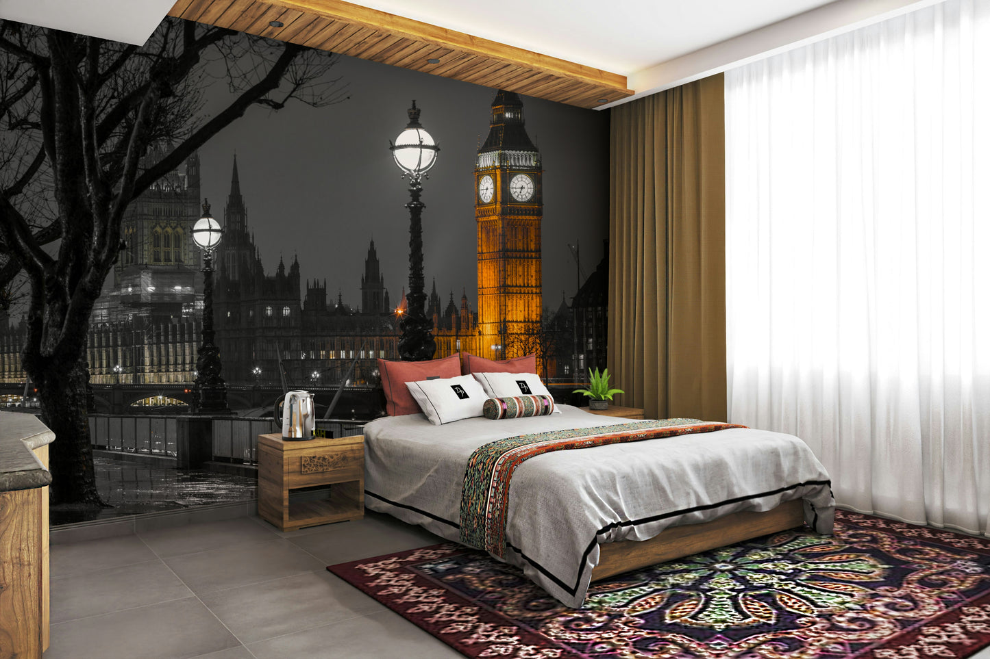 The sky is dark, providing a dramatic contrast to the light.
