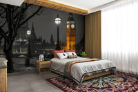 The sky is dark, providing a dramatic contrast to the light.
