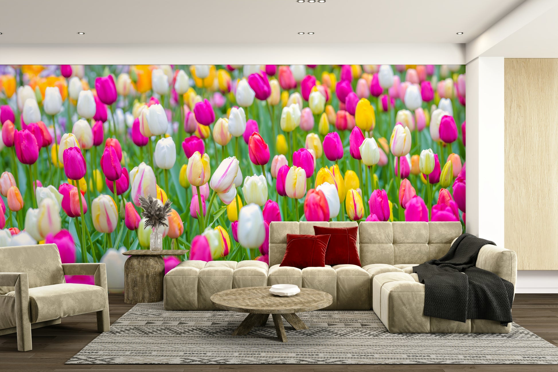 The wallpaper is perfect for a peaceful space.

