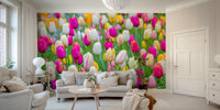Wall mural of a vivid tulip field.

