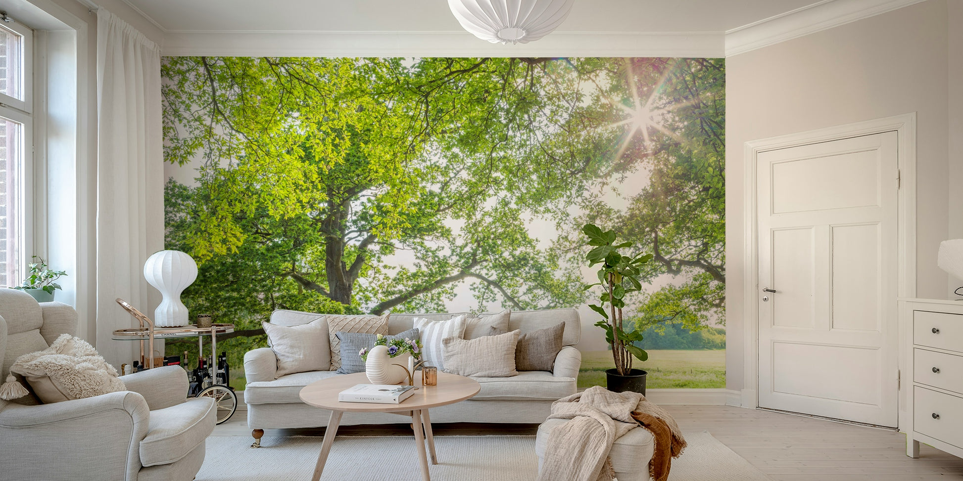 The wallpaper is perfect for a peaceful space.

