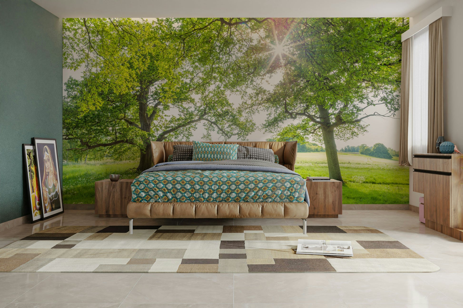 The mural shows a peaceful landscape with gentle hills.

