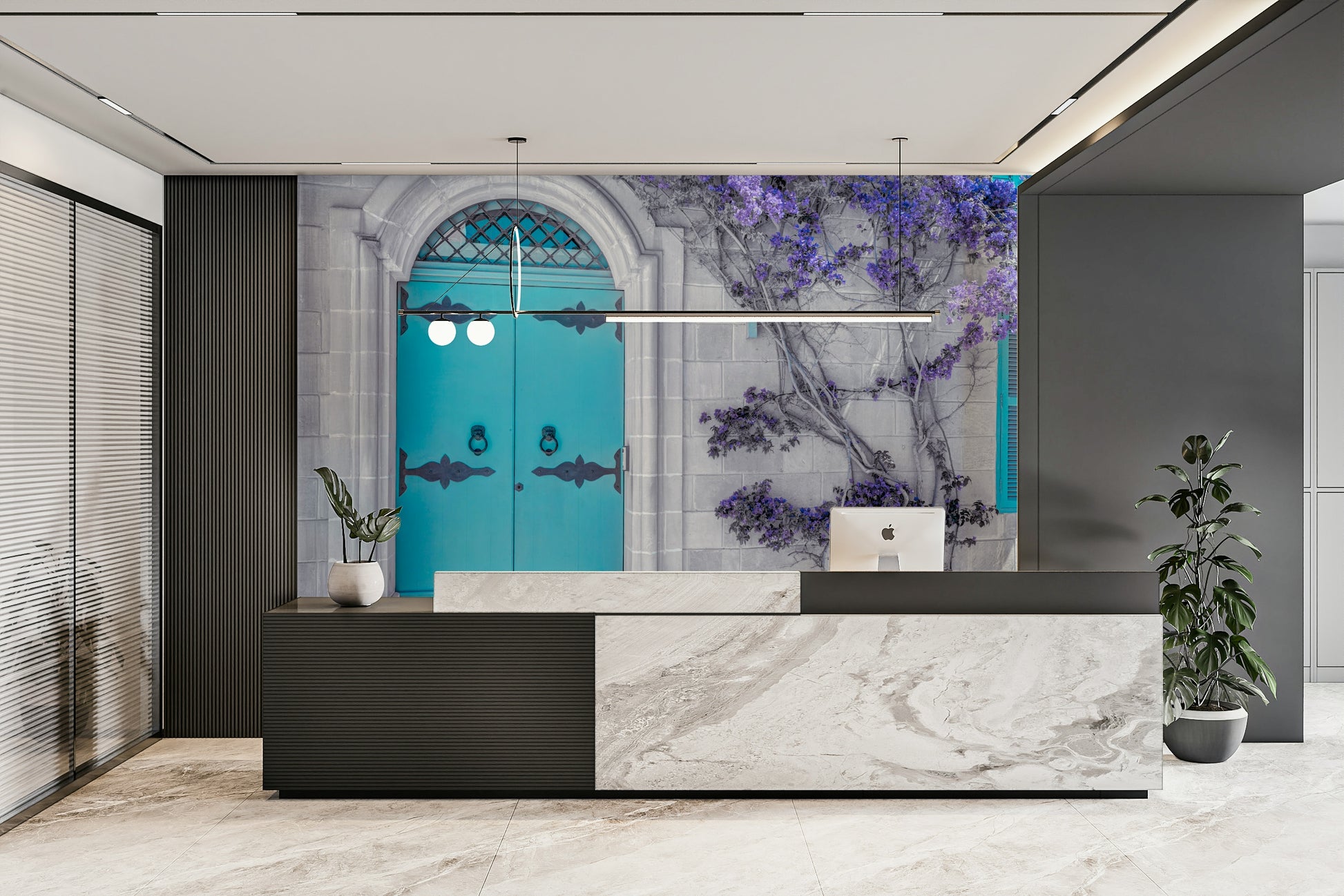 A close-up of the delicate flowers and the stone house.

