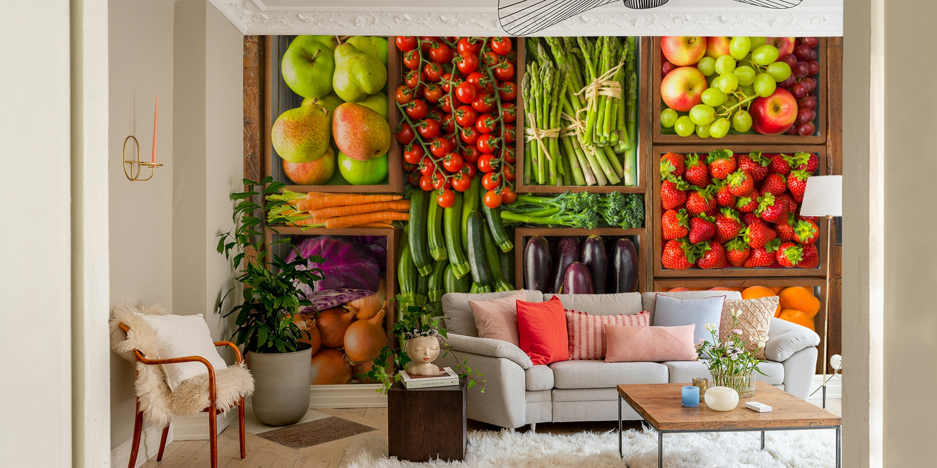 Wall mural of a rustic pantry with vegetables.


