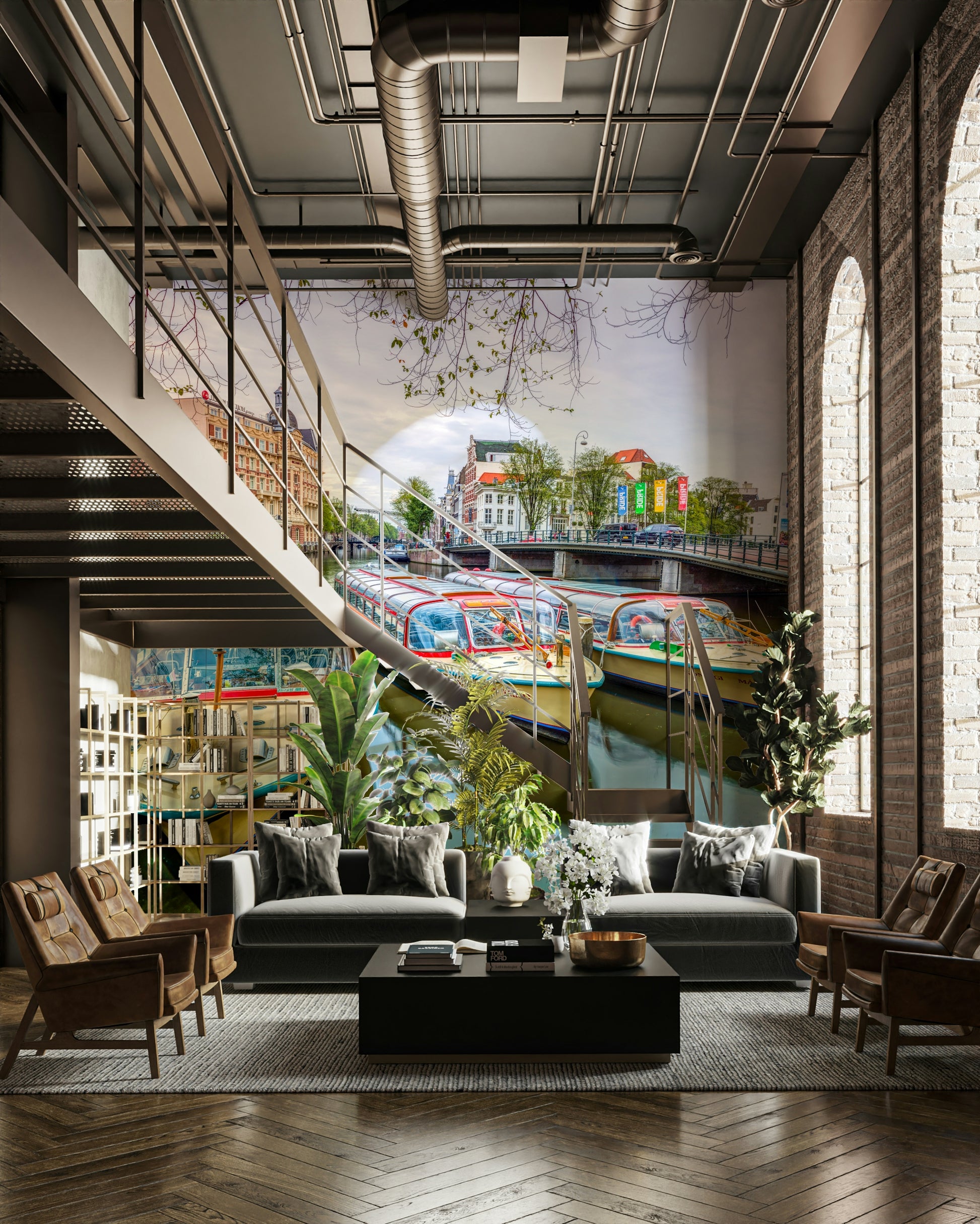 The mural shows a peaceful street scene with a canal and historic buildings.

