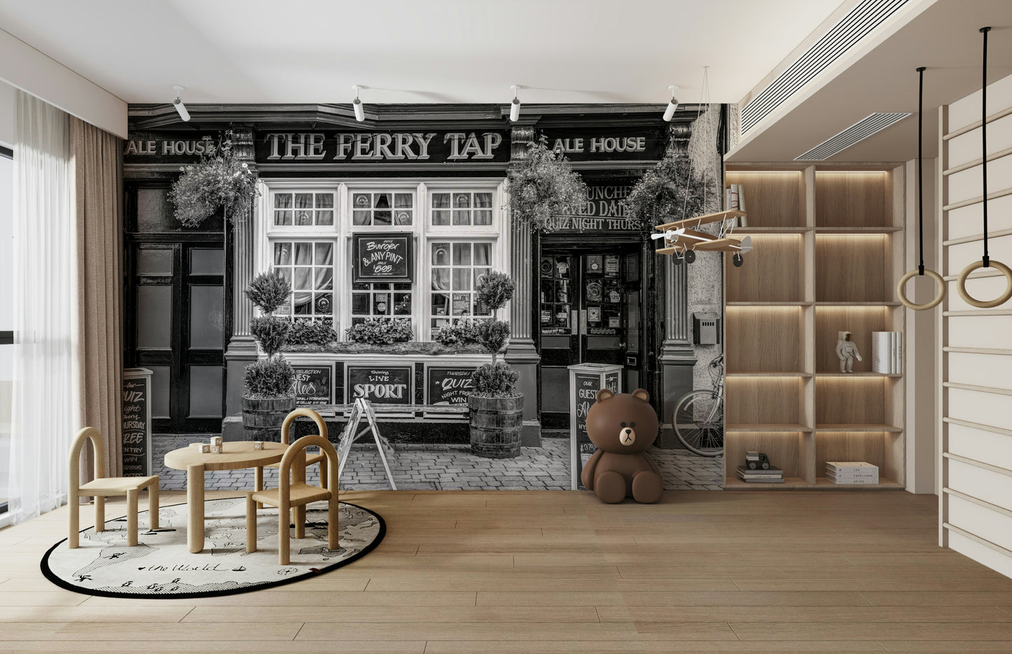 The wallpaper is perfect for a peaceful space.

