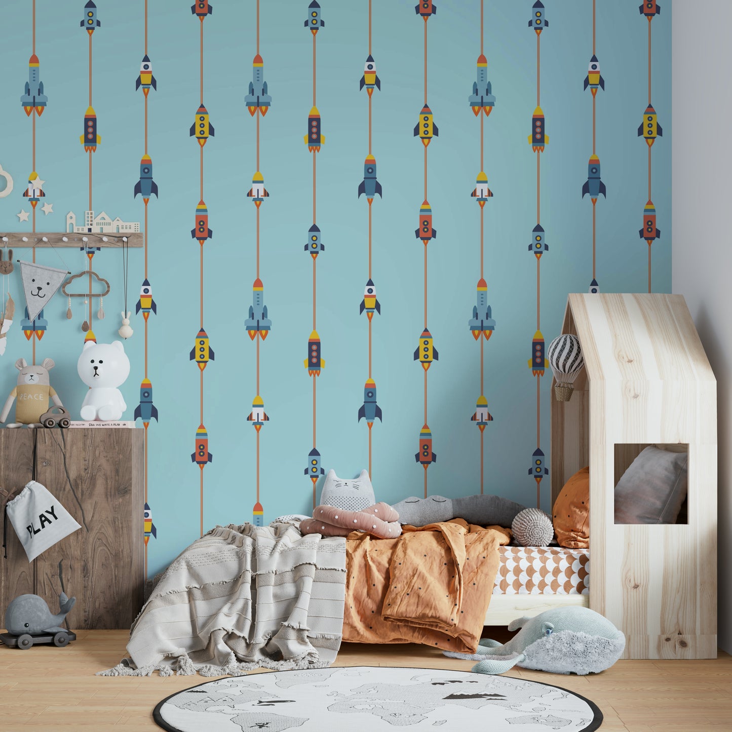 The room's lighting highlights the playful feel of the pattern.

