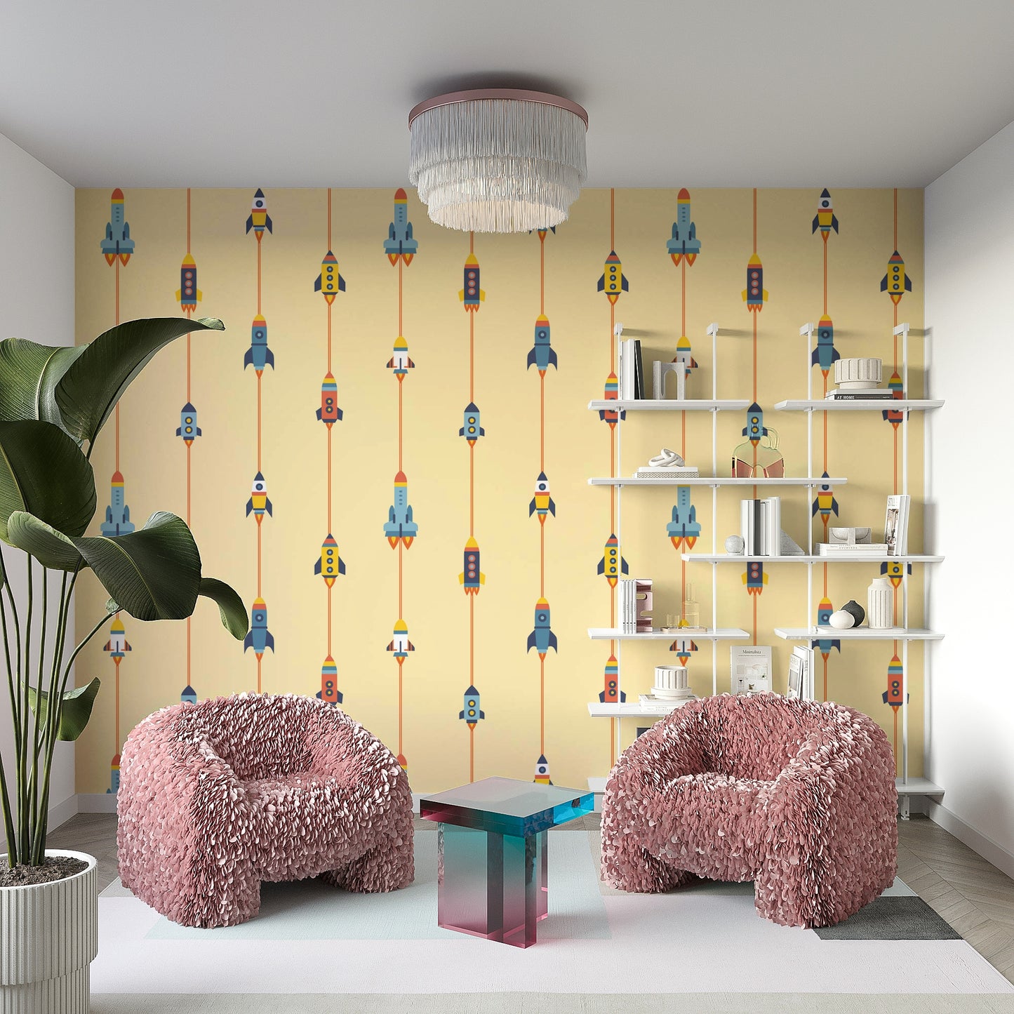 The room's lighting highlights the playful feel of the pattern.

