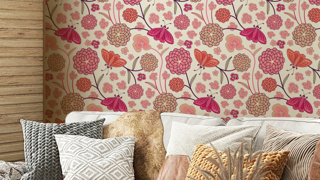 The wallpaper is installed in a formal, elegant living room.

