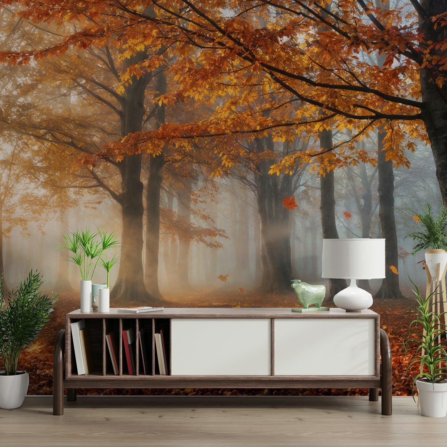 The wallpaper is perfect for a peaceful space.

