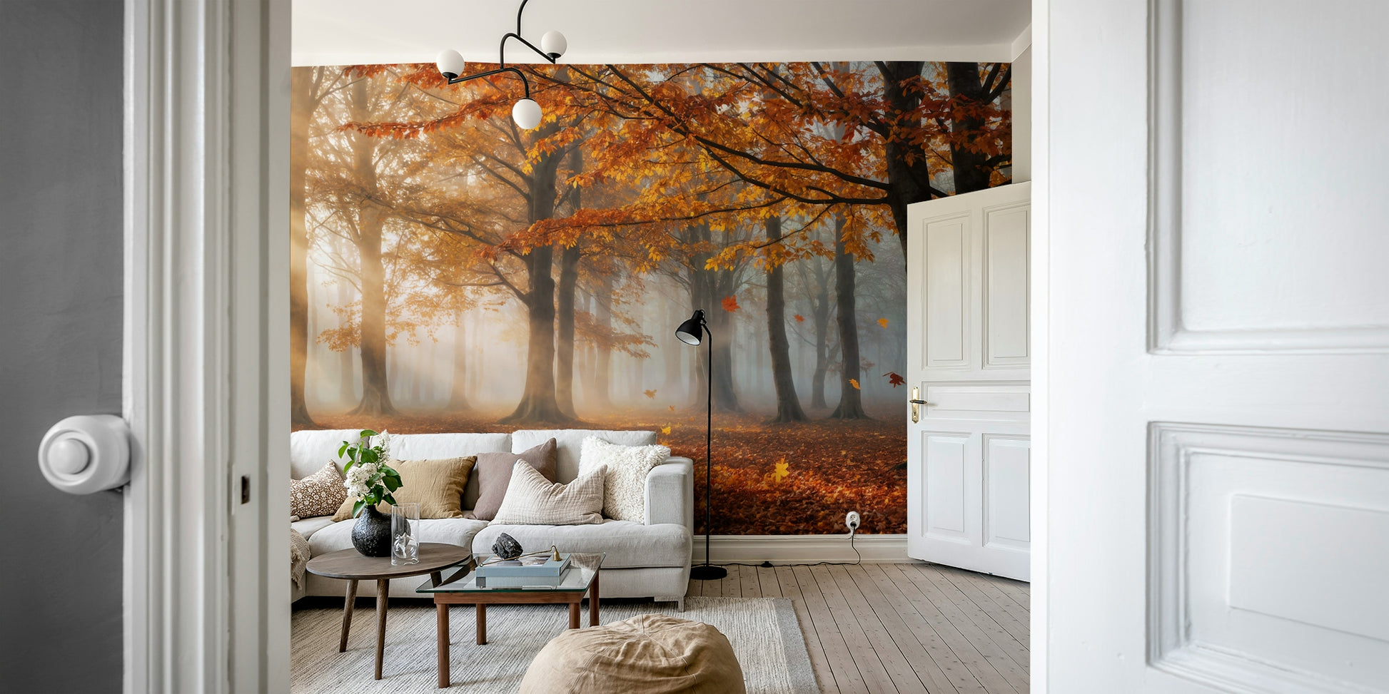 The mural shows a peaceful forest scene.

