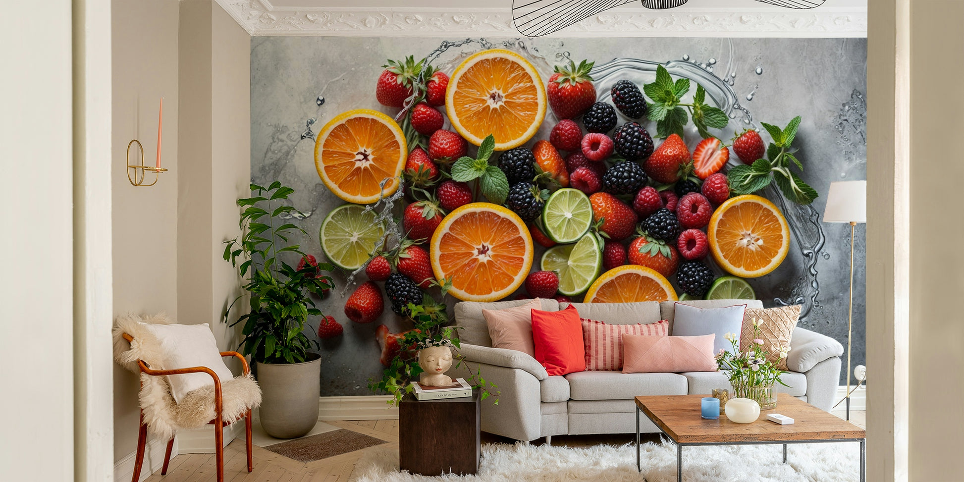 The mural shows a peaceful scene with fruits and water.

