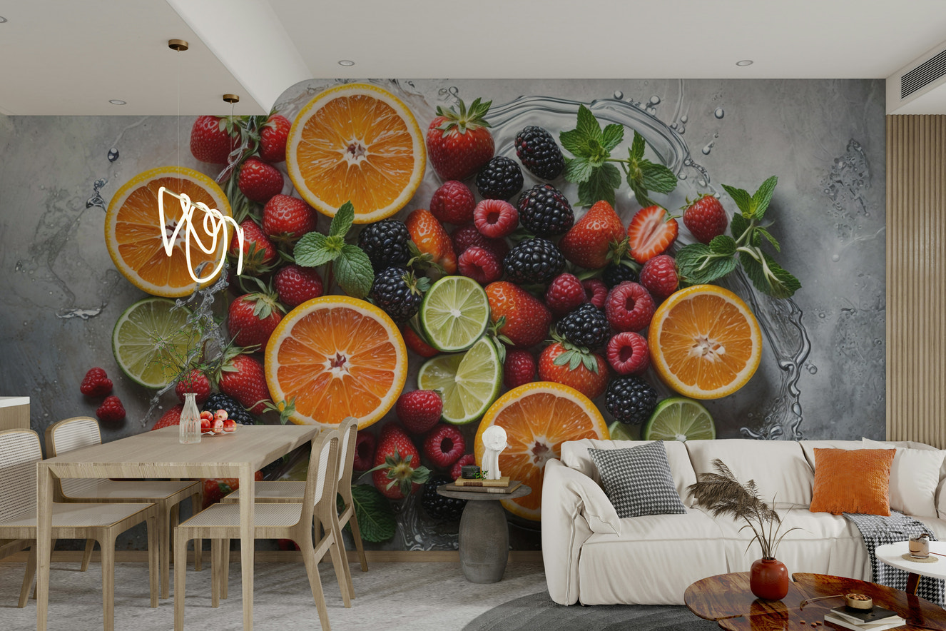 Wall mural of a fruity splash.

