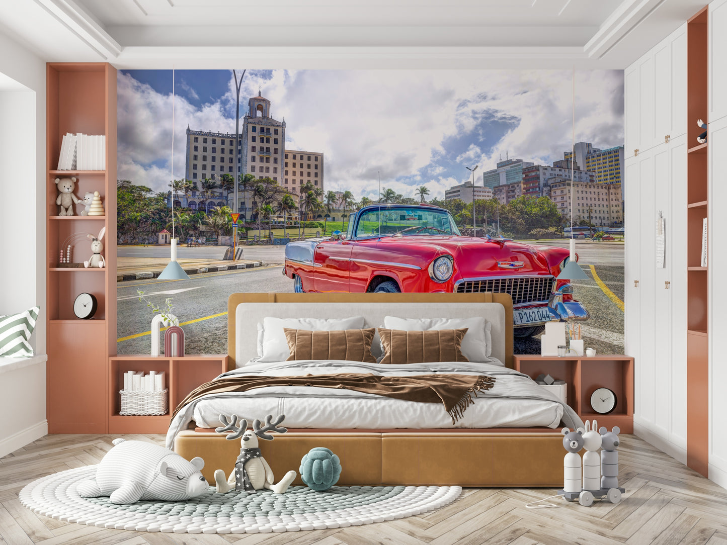 A close-up of the classic car and cobblestone street.

