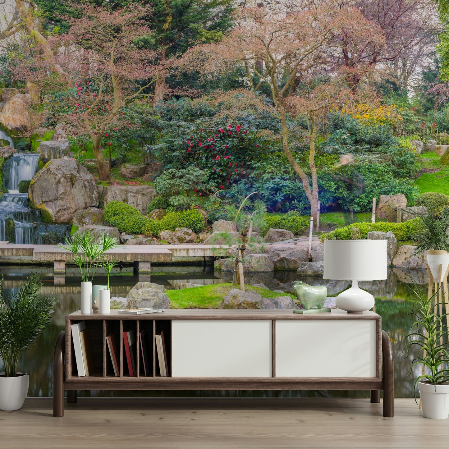 A high-quality print of a tranquil garden.

