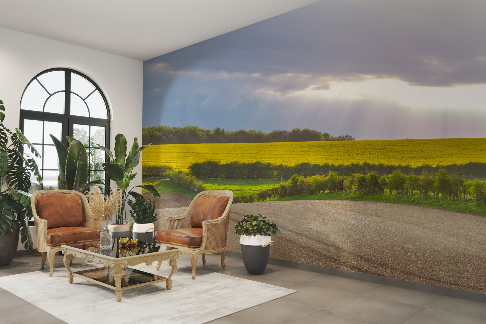 Wall mural of golden farmlands.

