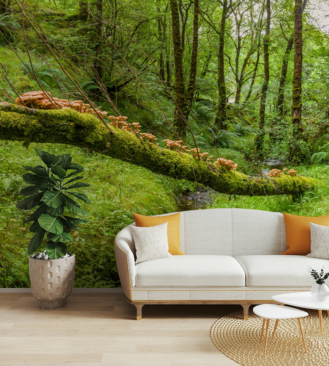 The mural shows a lush carpet of moss and ferns.

