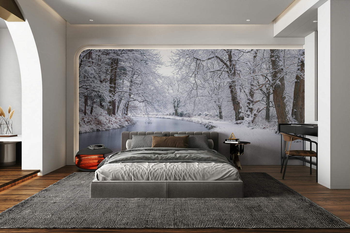 Wall mural of a snowy canal scene.


