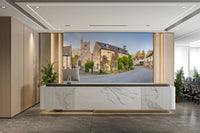 The wall art combines a historical theme with a serene setting.

