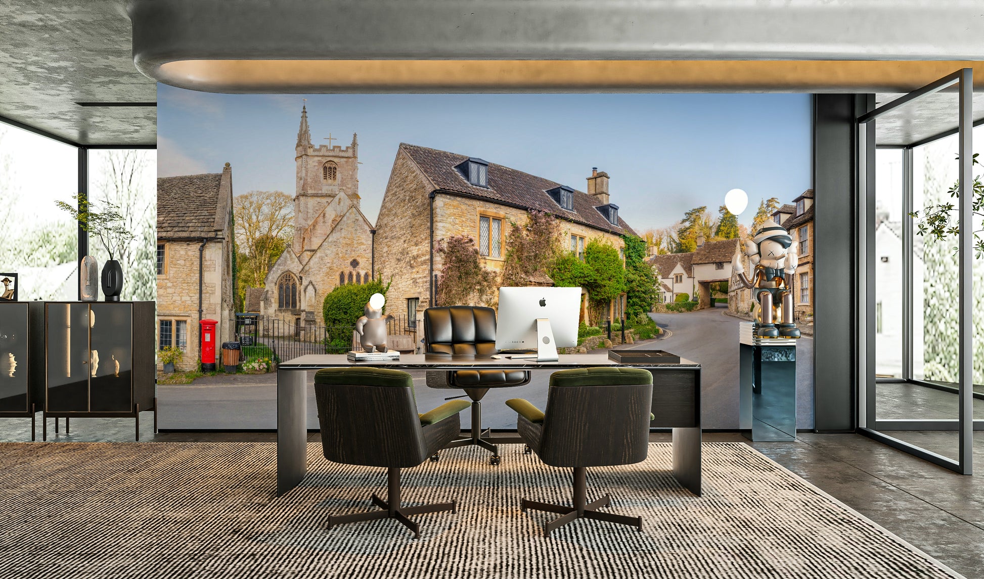 The mural shows a peaceful street scene with stone cottages.

