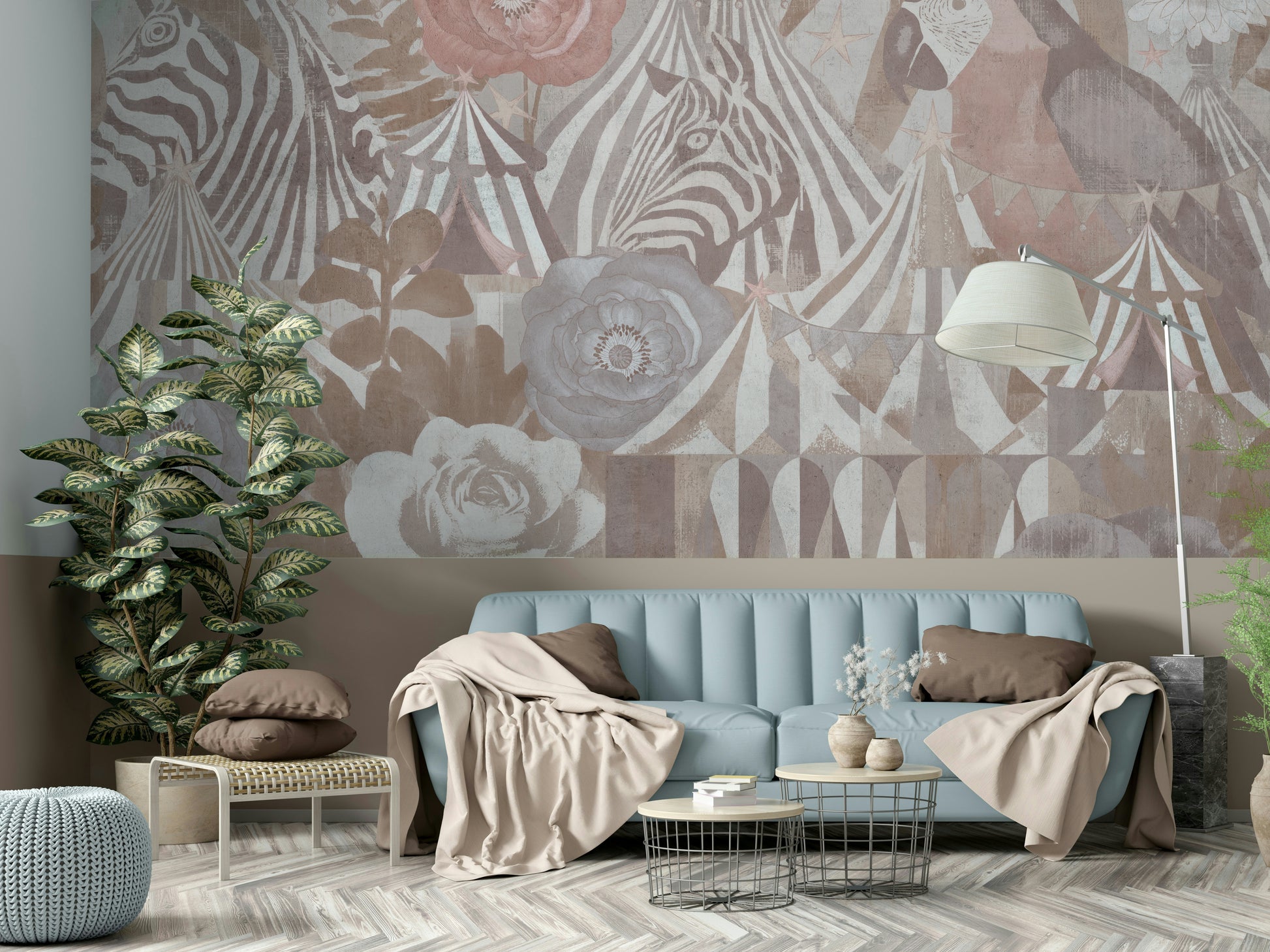 The mural has a soft, dreamy feel.

