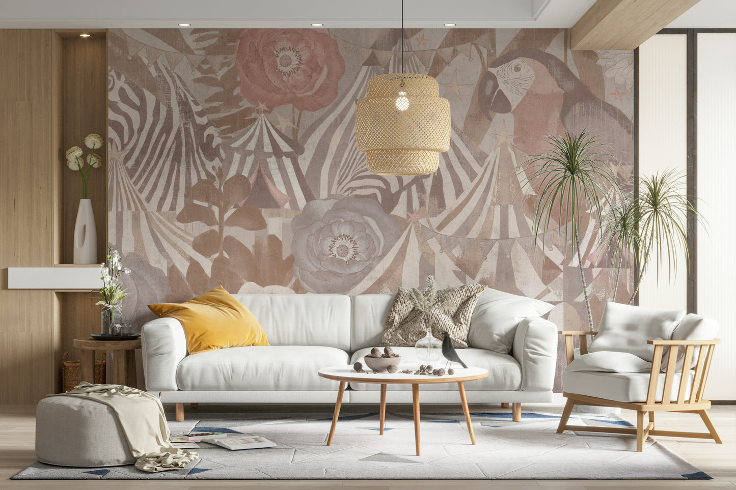 The mural shows a circus tent and carousel horse.

