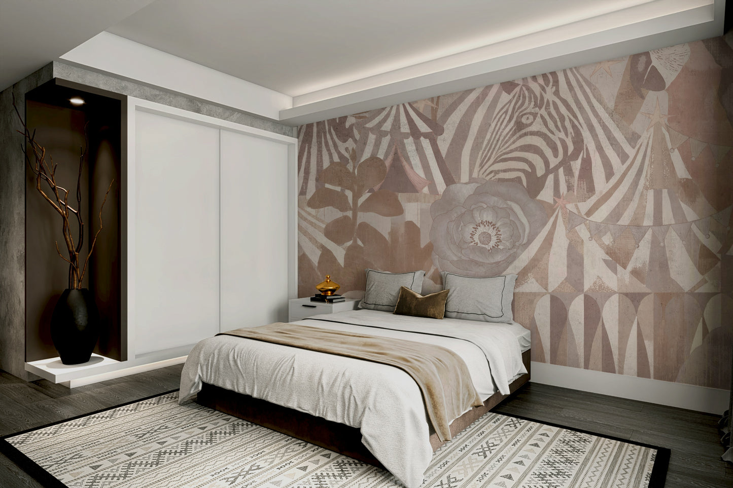 The wallpaper is perfect for a kids' room.

