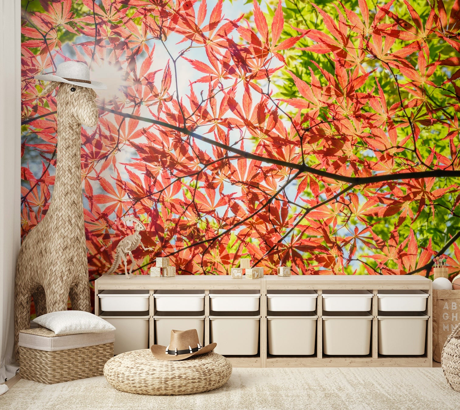 The mural shows a close-up of red and green foliage.

