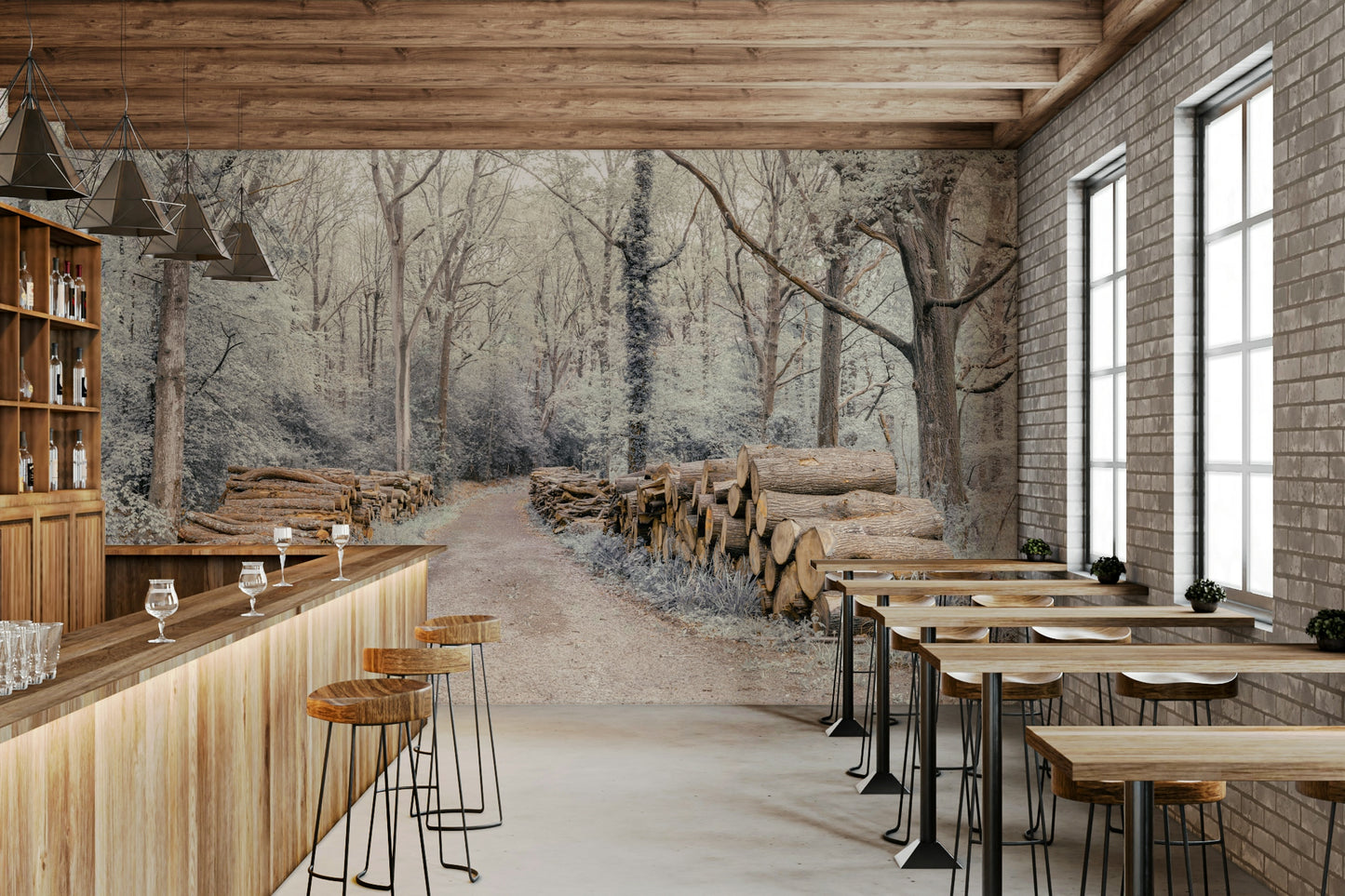 The mural shows a peaceful forest scene.

