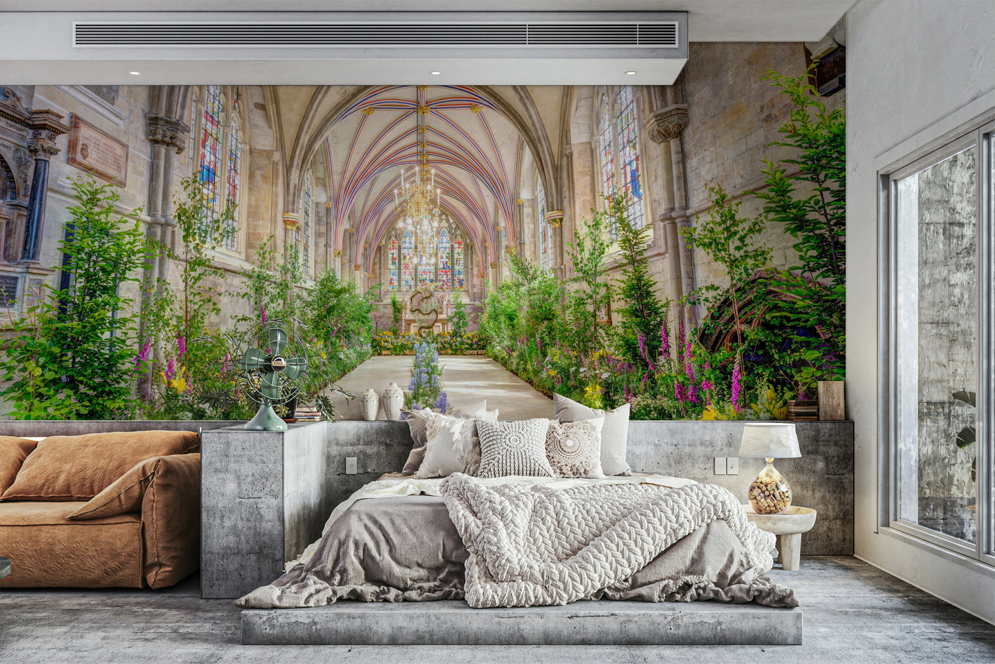 The mural shows a long cathedral nave with vaulted ceilings.

