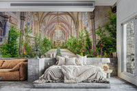 The mural shows a long cathedral nave with vaulted ceilings.

