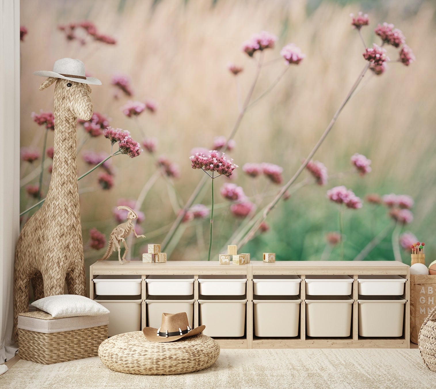 The mural has a soft, dreamy feel.

