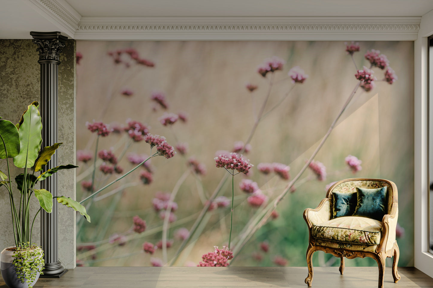 The wallpaper is perfect for a peaceful space.

