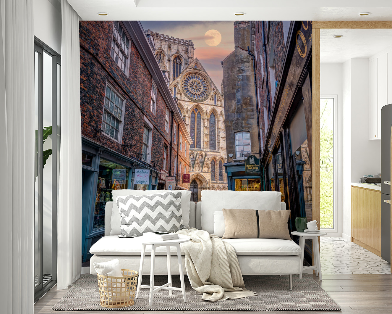 Wall mural with a moon over a charming street.

