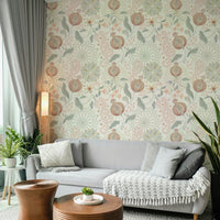Wallpaper with a soft tones pomegranate pattern.

