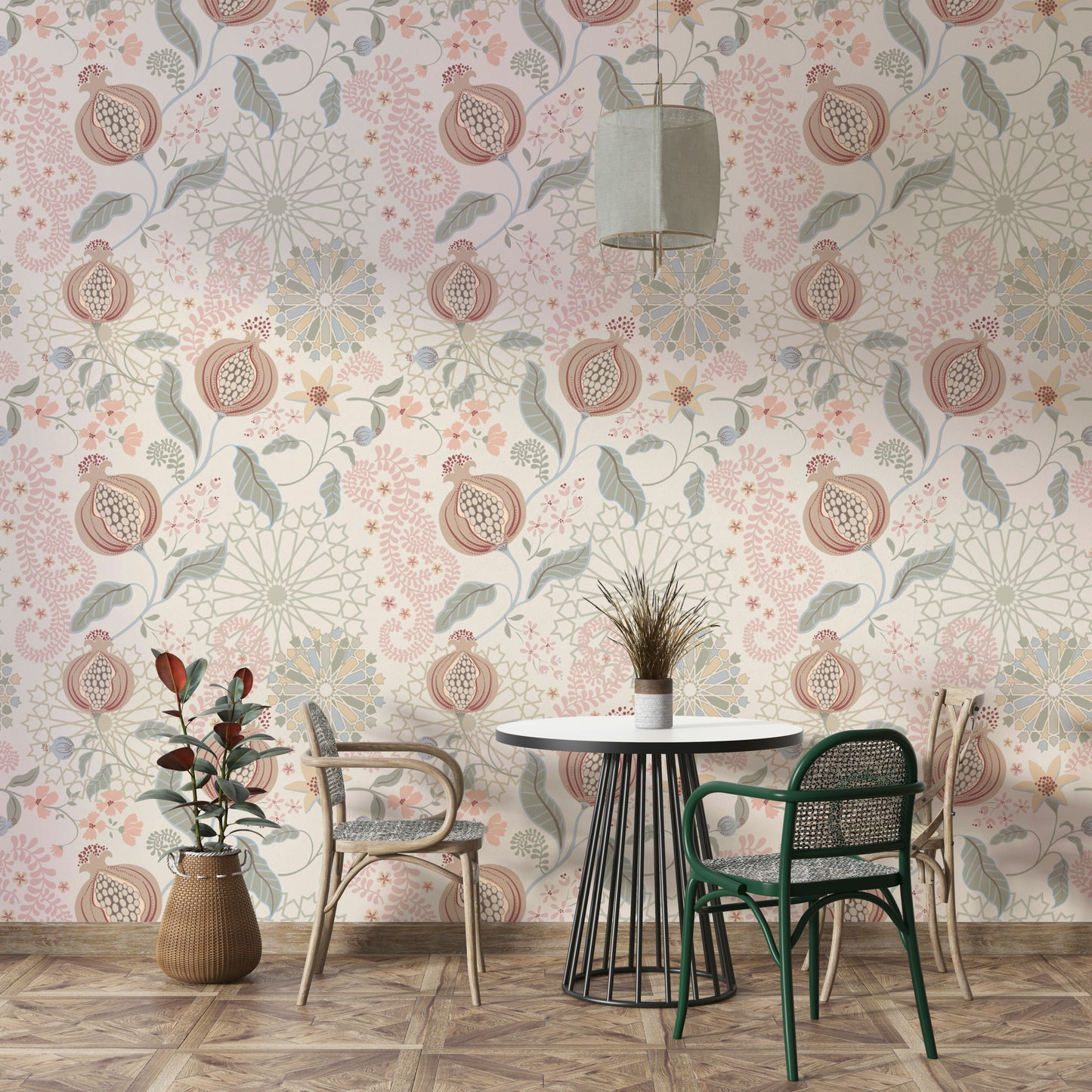 The wall art combines an organic pattern with soft colors.

