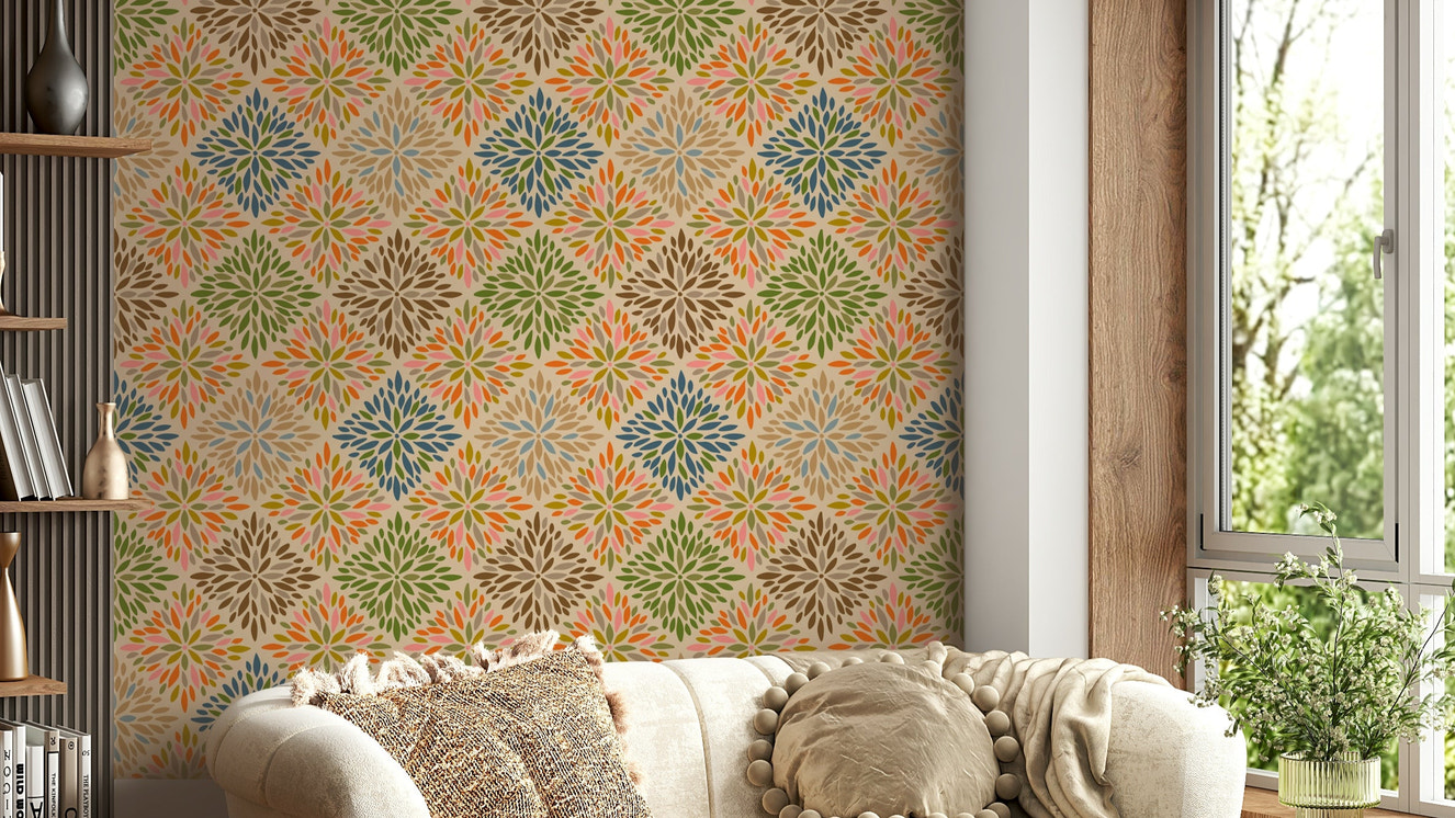 The wallpaper has an intricate, ornate pattern.

