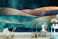 Wall mural with a gilded horizon pattern.

