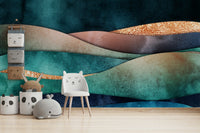 The wall art combines a flowing pattern with metallic accents.

