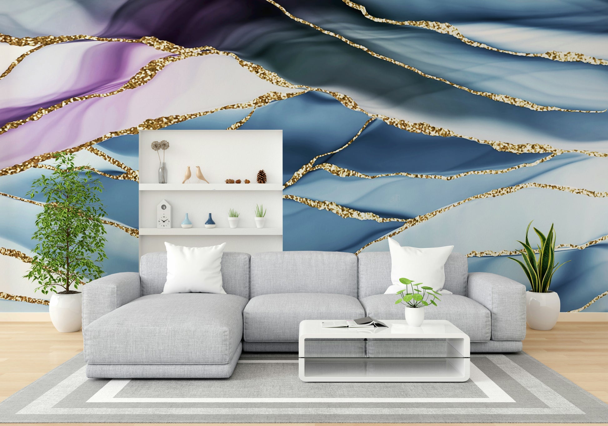Wall mural with gilded horizon marble.

