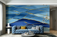 The wall art combines a flowing pattern with metallic accents.

