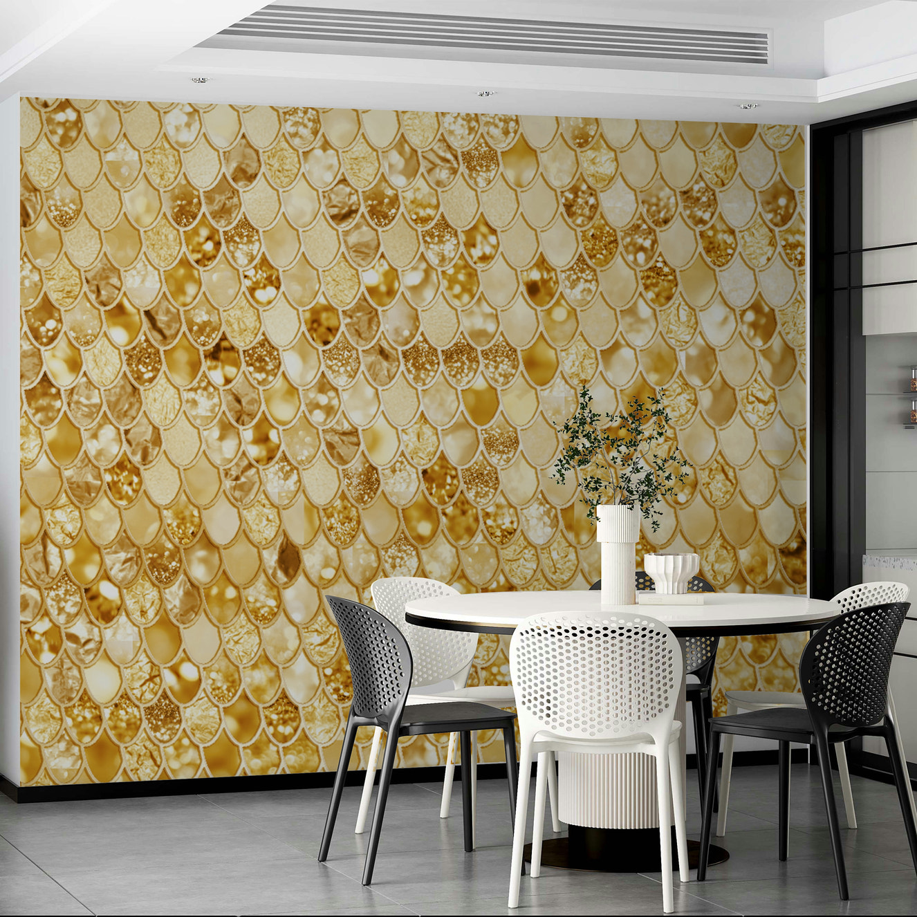 Wall mural with a gilded scales pattern.

