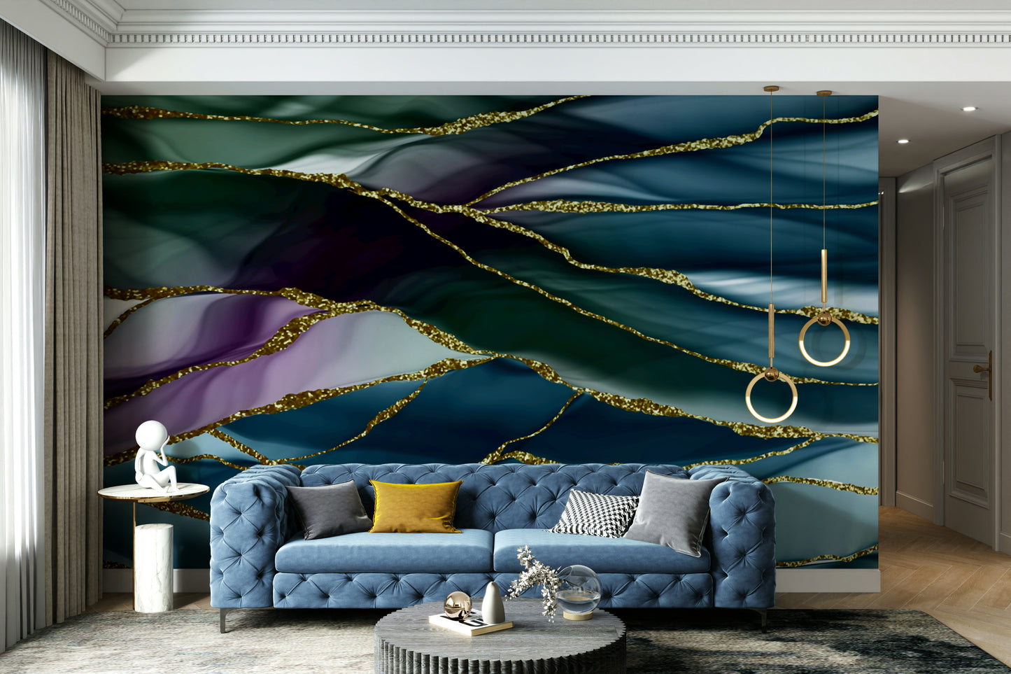 The wall art combines a flowing pattern with metallic accents.

