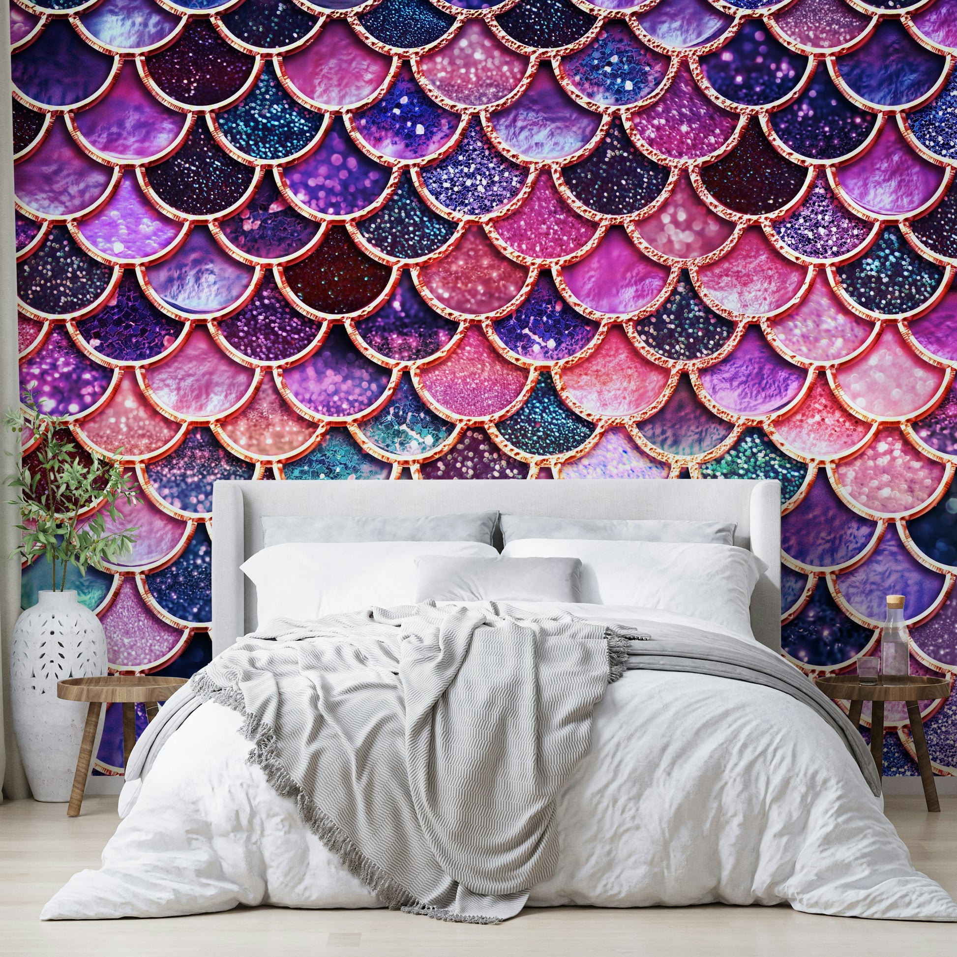 Wall mural with enchanted pink mermaid scales.

