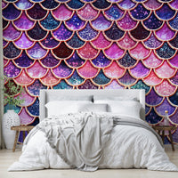 Wall mural with enchanted pink mermaid scales.

