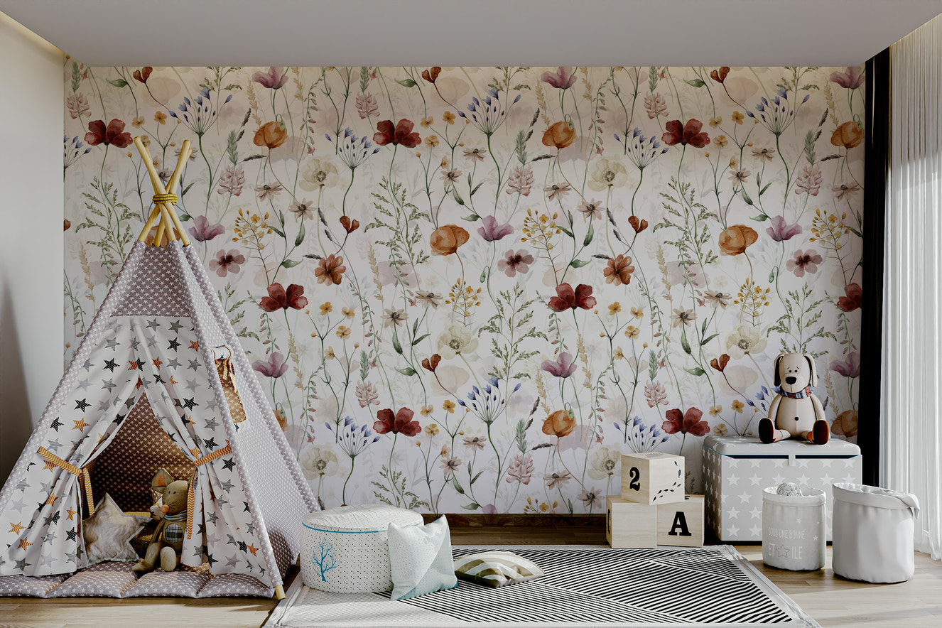 The mural shows a hand-painted floral scene.

